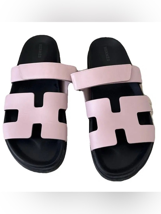 Hermes Shoes - Hermes Pale Pink and Black Slide Sandals